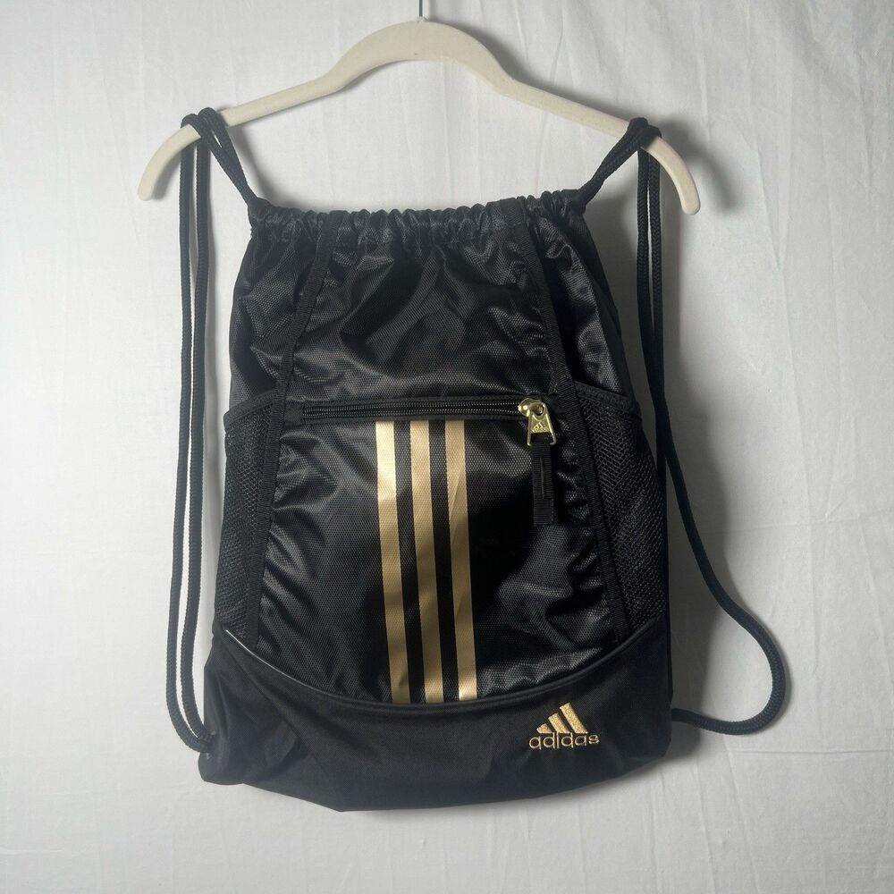 Adidas Alliance II Sackpack Backpack Black with Gold Metallic Stripes and Logo